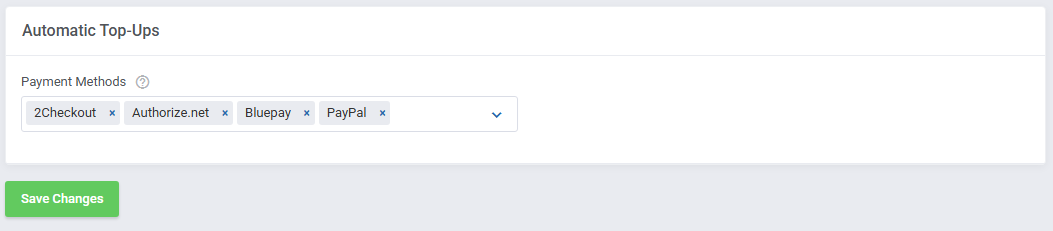 Domains Reseller For WHMCS: Settings tab Automatic Top-Ups section with the Payment Methods field and Save Changes
