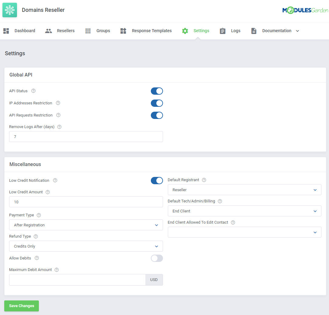 Domains Reseller For WHMCS: Settings tab with the Global API and Miscellaneous sections and Save Changes