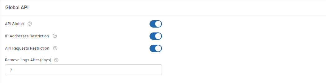 Domains Reseller For WHMCS: Settings tab Global API section with API status, restriction switches and log removal days