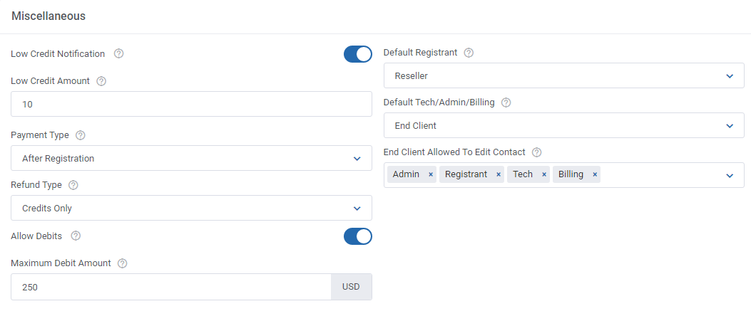 Domains Reseller For WHMCS: Settings tab Miscellaneous section with credit, payment, refund, debit and contact options