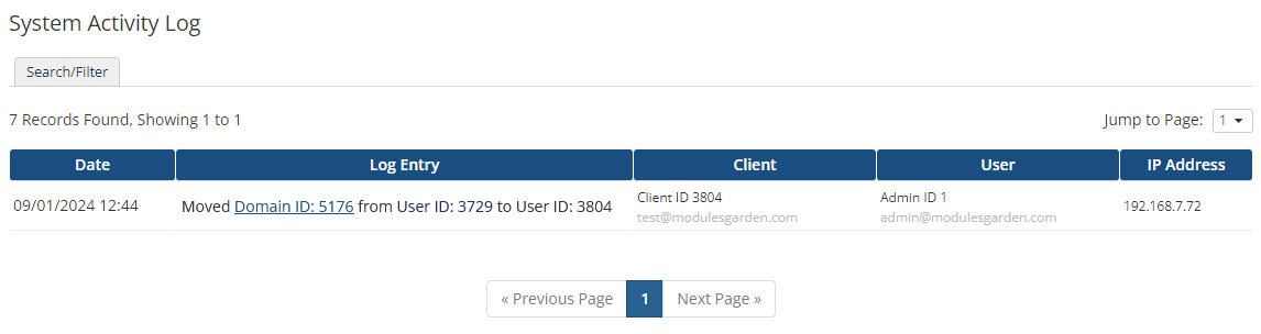 Domains Reseller For WHMCS: WHMCS System Activity Log entry showing a domain moved from one user ID to another