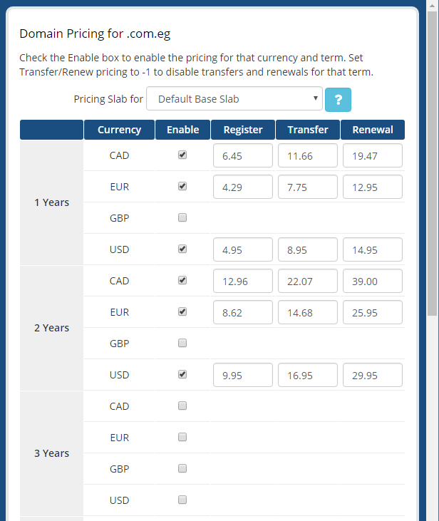 Domains Reseller For WHMCS: Domain Pricing for .com.eg popup with register, transfer and renewal prices per currency