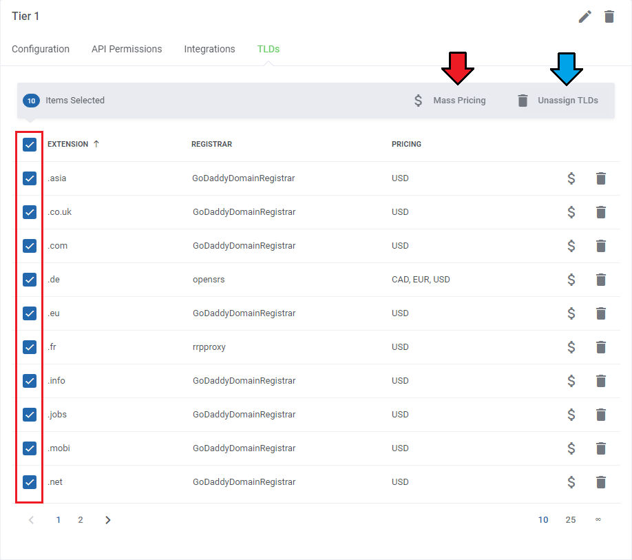 Domains Reseller For WHMCS: group TLDs list with all TLDs selected and the Mass Pricing and Unassign TLDs actions marked