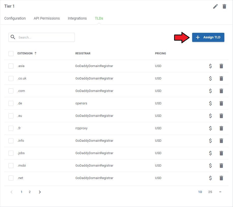 Domains Reseller For WHMCS: group TLDs tab with the list of assigned extensions and the Assign TLD button marked