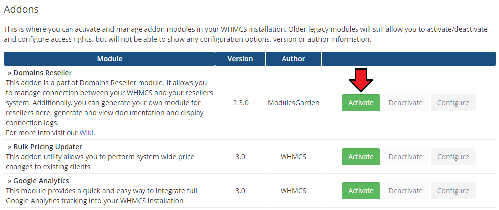 Domains Reseller For WHMCS: WHMCS Addon Modules list with the Activate button next to Domains Reseller