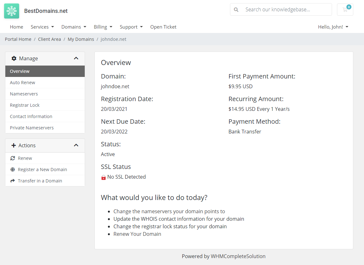 Domains Reseller For WHMCS: WHMCS Client Area domain overview of an ordered domain with Manage and Actions menus