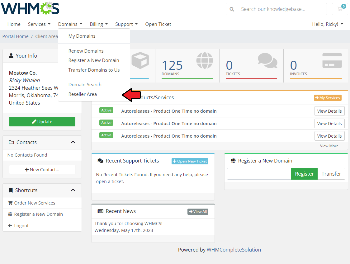 Domains Reseller For WHMCS: WHMCS client area with the Domains menu open and the Reseller Area link marked