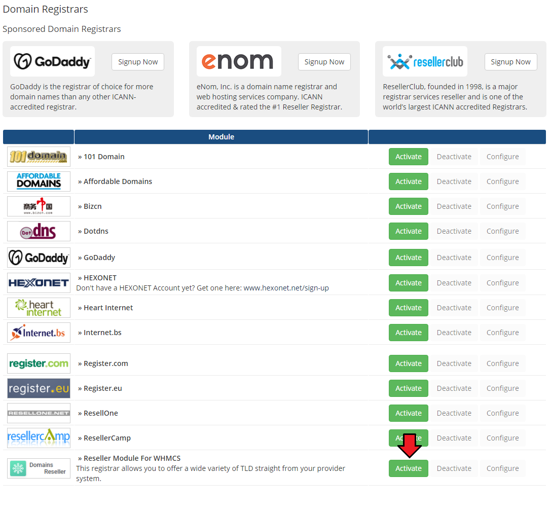Domains Reseller For WHMCS: WHMCS Domain Registrars page with the Activate button next to Reseller Module For WHMCS