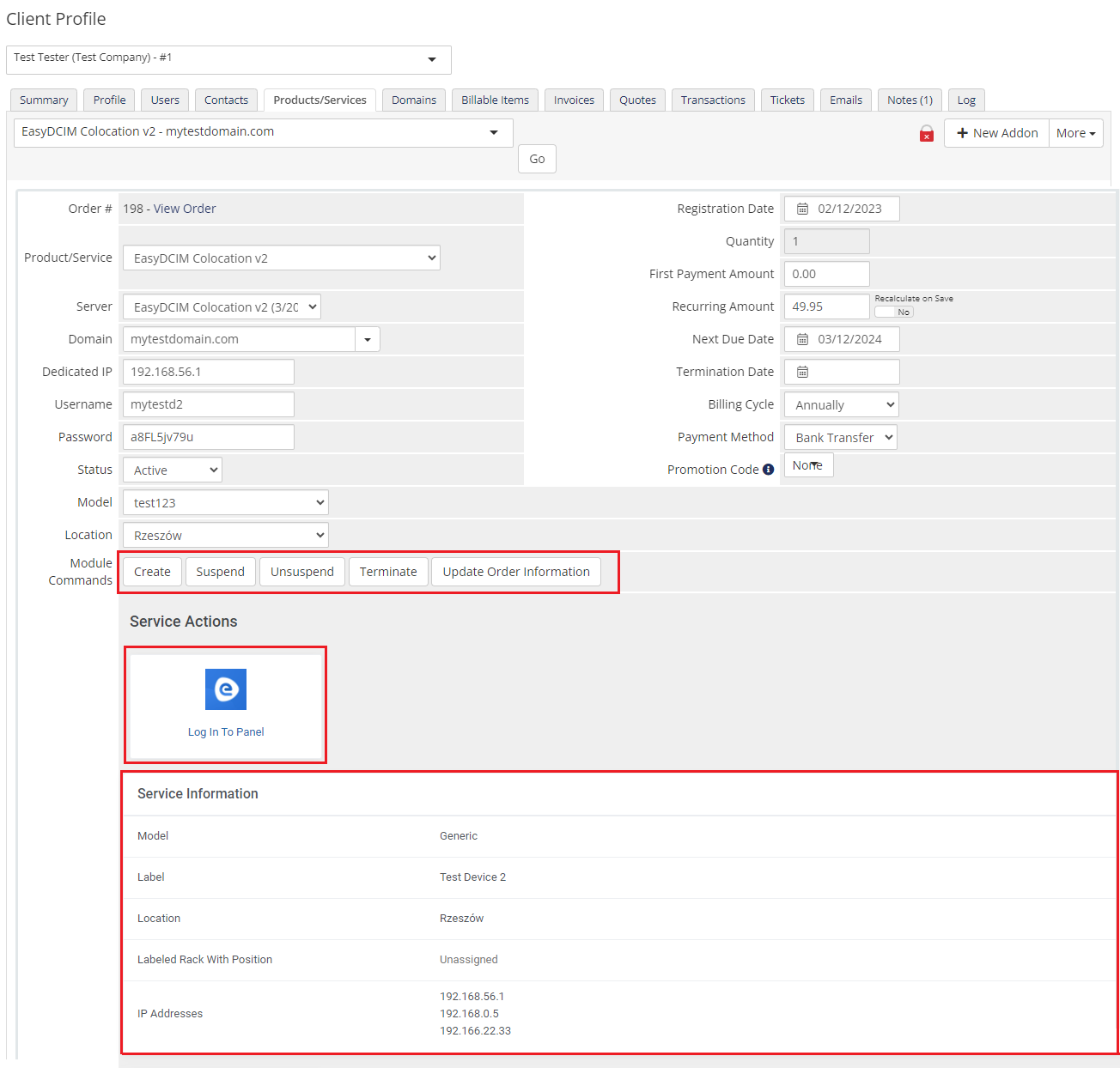 EasyDCIM Colocation For WHMCS: WHMCS admin service page with module commands, Log In To Panel and service information