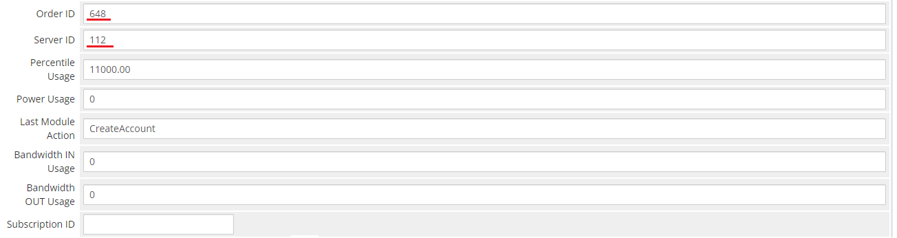 EasyDCIM Colocation For WHMCS: service custom fields in the WHMCS admin area with Order ID and Server ID values