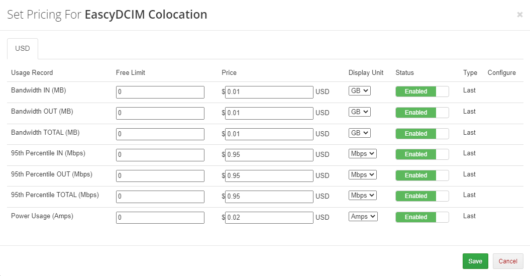 EasyDCIM Colocation For WHMCS: Set Pricing dialog with usage records for bandwidth, 95th percentile and power usage
