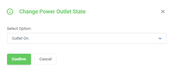 EasyDCIM Colocation For WHMCS: Change Power Outlet State dialog with the Outlet On option and Confirm button