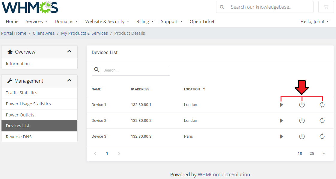 EasyDCIM Colocation For WHMCS: client area Devices List with search bar and power control buttons next to each device
