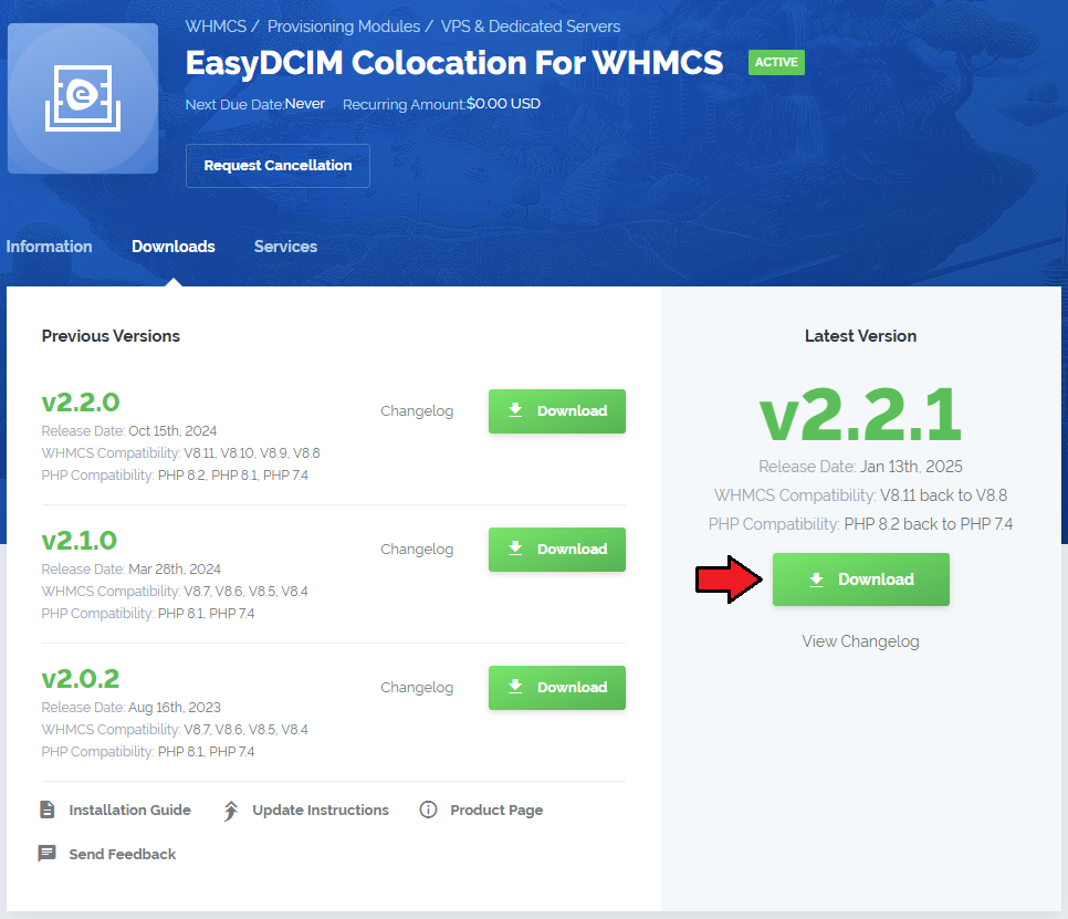 EasyDCIM Colocation For WHMCS: the client area download page with the Download button for the latest module version