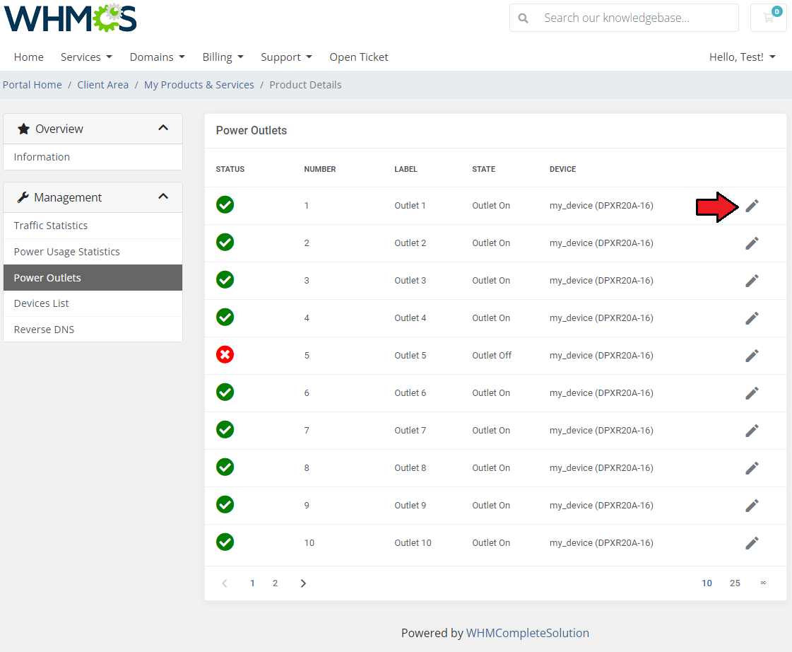 EasyDCIM Colocation For WHMCS: client area Power Outlets list with outlet states and the edit icon highlighted