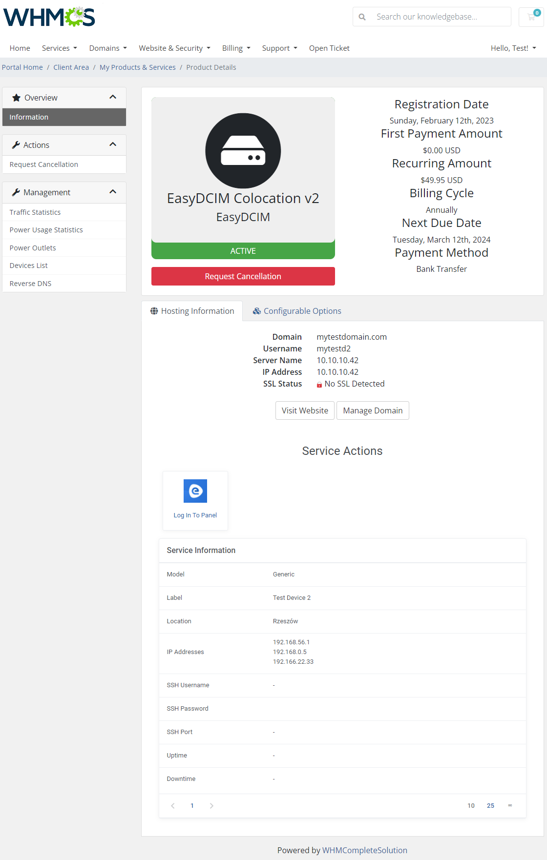 EasyDCIM Colocation For WHMCS: client area product details with service information and Log In To Panel button