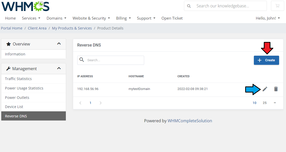 EasyDCIM Colocation For WHMCS: client area Reverse DNS list with the Create button and edit and delete icons