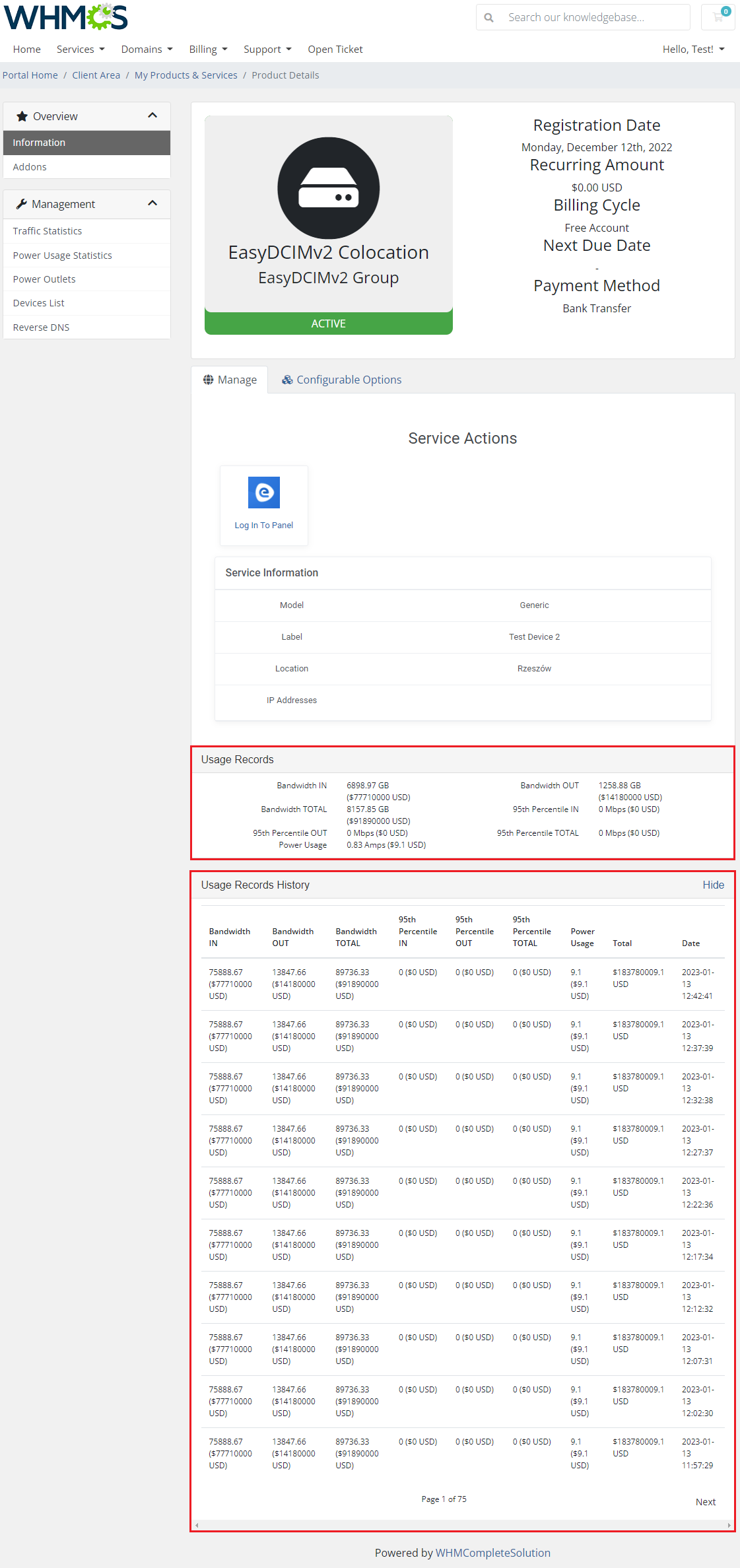 EasyDCIM Colocation For WHMCS: client area product page with Usage Records and Usage Records History sections