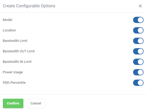 EasyDCIM Colocation For WHMCS: Create Configurable Options dialog with toggles for model, location, bandwidth and power