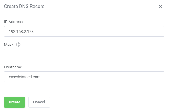EasyDCIM Colocation For WHMCS: Create DNS Record dialog with IP Address, Mask and Hostname fields