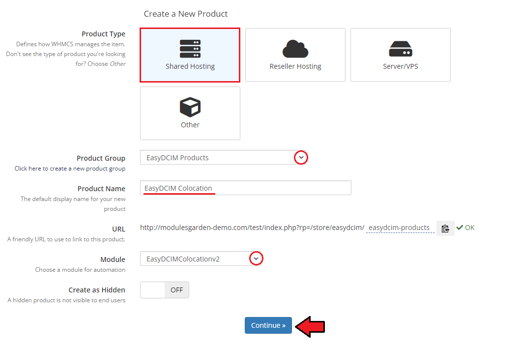 EasyDCIM Colocation For WHMCS: WHMCS Create a New Product form with group, name, module and Continue button