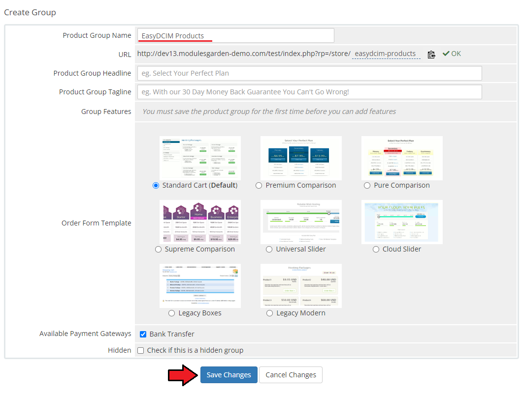 EasyDCIM Colocation For WHMCS: WHMCS Create Group form with the product group name EasyDCIM Products and Save Changes