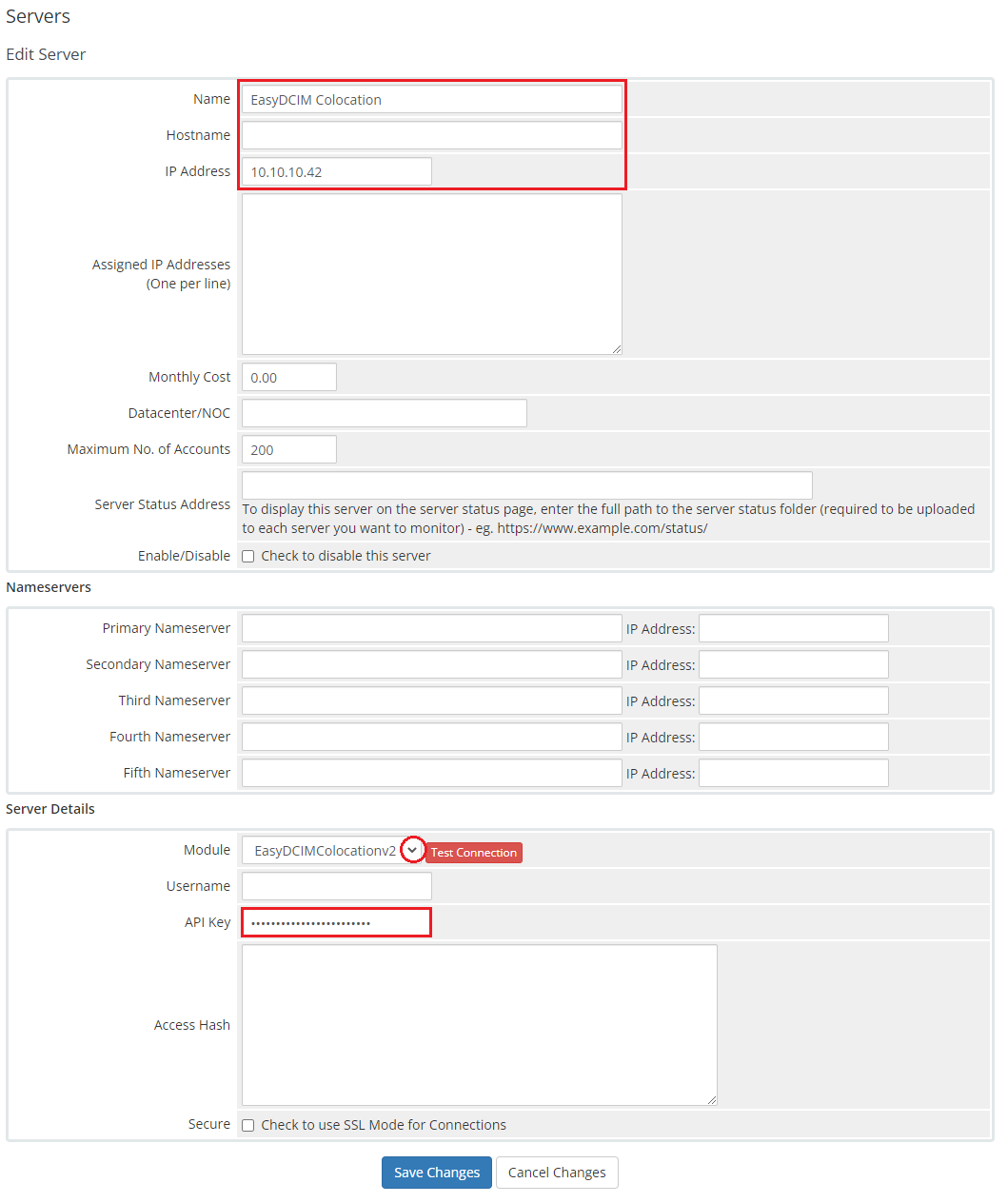 EasyDCIM Colocation For WHMCS: WHMCS Edit Server form with the EasyDCIMColocationv2 module, IP address and API Key