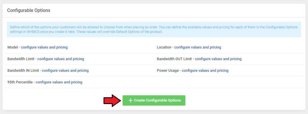 EasyDCIM Colocation For WHMCS: module settings Configurable Options section with Create Configurable Options button