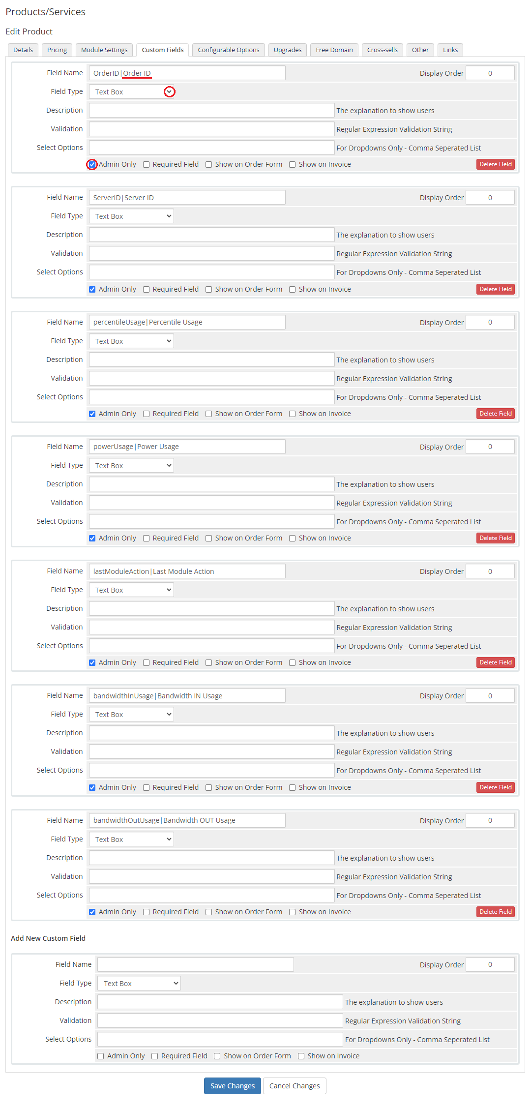 EasyDCIM Colocation For WHMCS: product Custom Fields tab with the automatically created admin only usage fields
