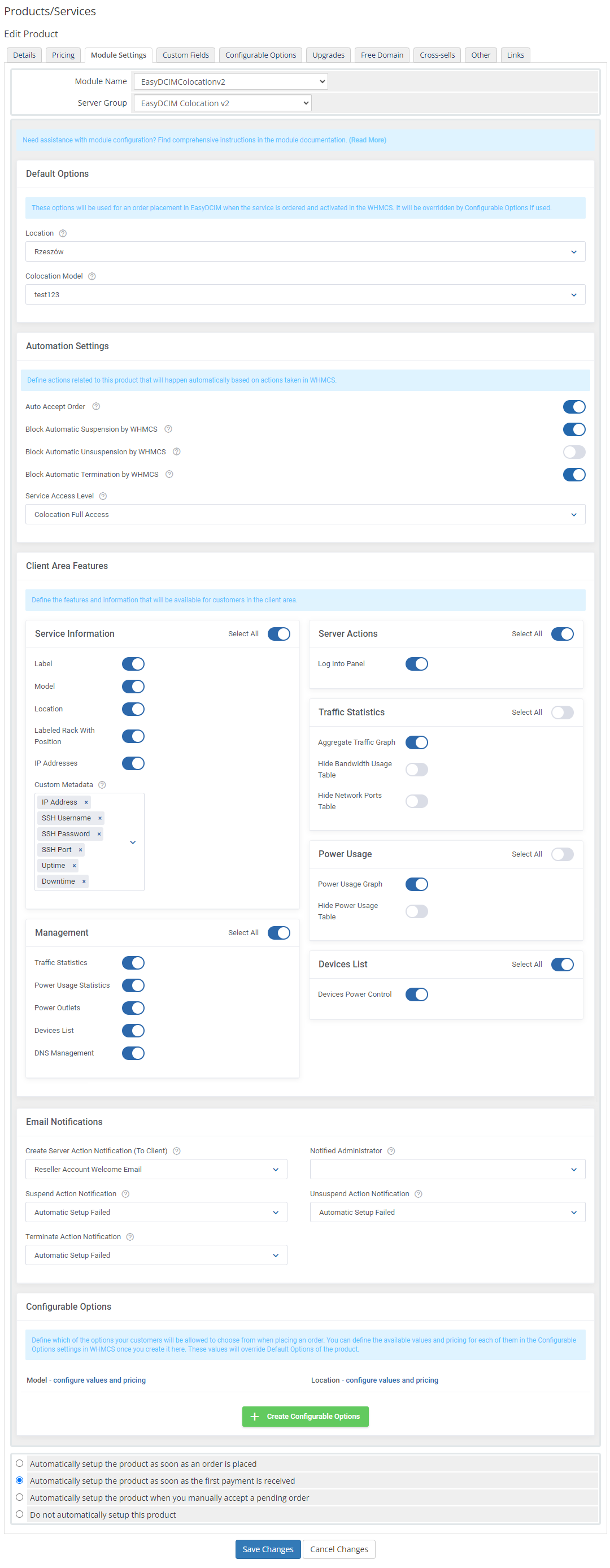 EasyDCIM Colocation For WHMCS: product Module Settings tab with default options, automation and client area features