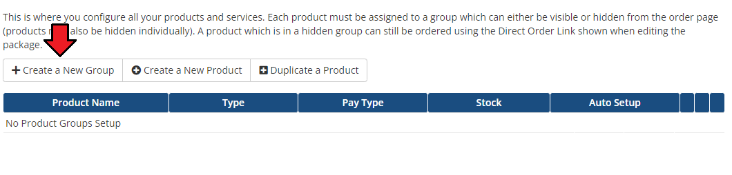 EasyDCIM Colocation For WHMCS: WHMCS Products/Services page with the Create a New Group button highlighted
