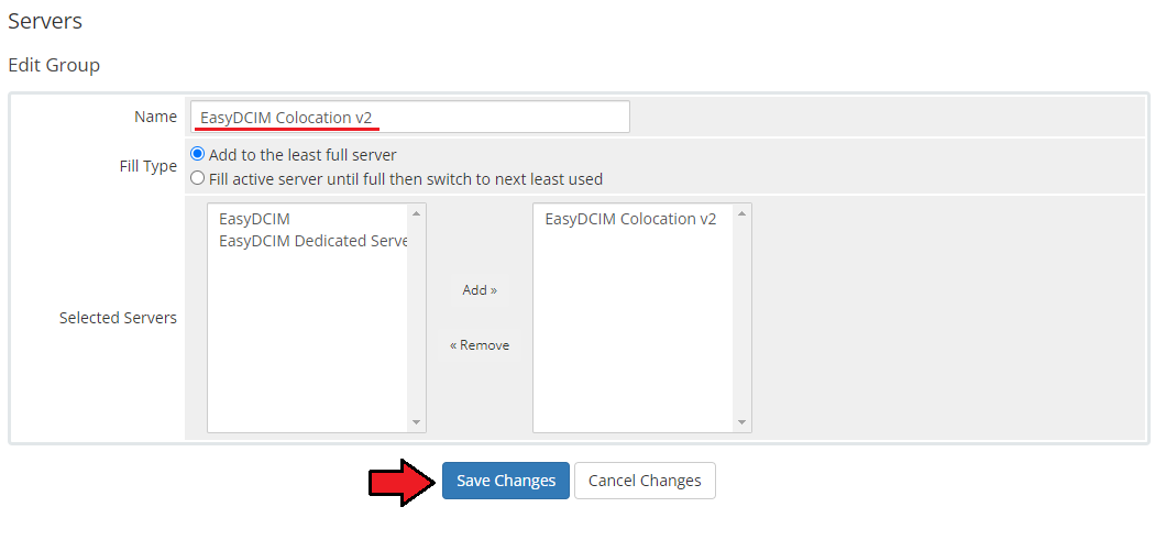 EasyDCIM Colocation For WHMCS: WHMCS Edit Group form with the Colocation v2 server added and Save Changes button