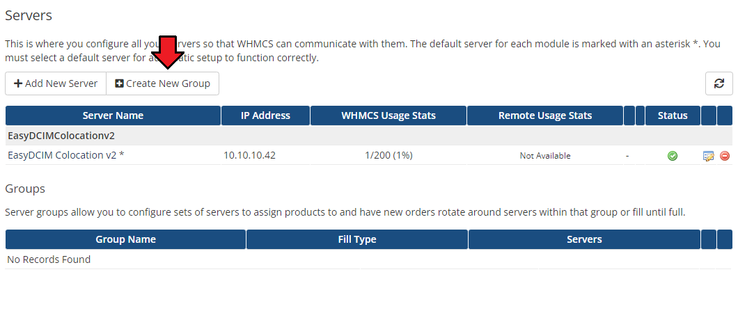 EasyDCIM Colocation For WHMCS: WHMCS Servers list with the EasyDCIM Colocation v2 server and the Create New Group button