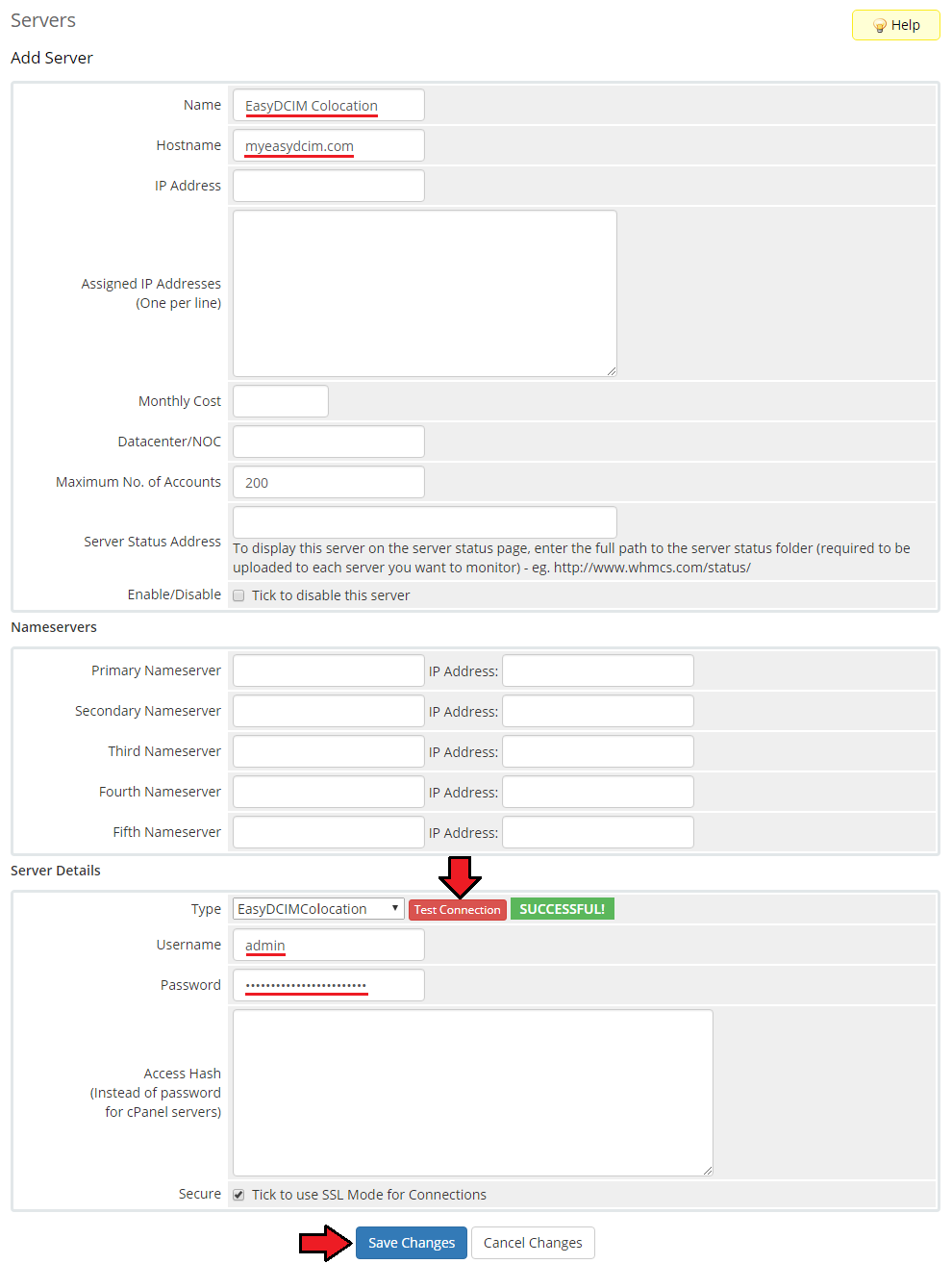 EasyDCIM Colocation V1.X For WHMCS: Add Server form with EasyDCIMColocation type and Test Connection