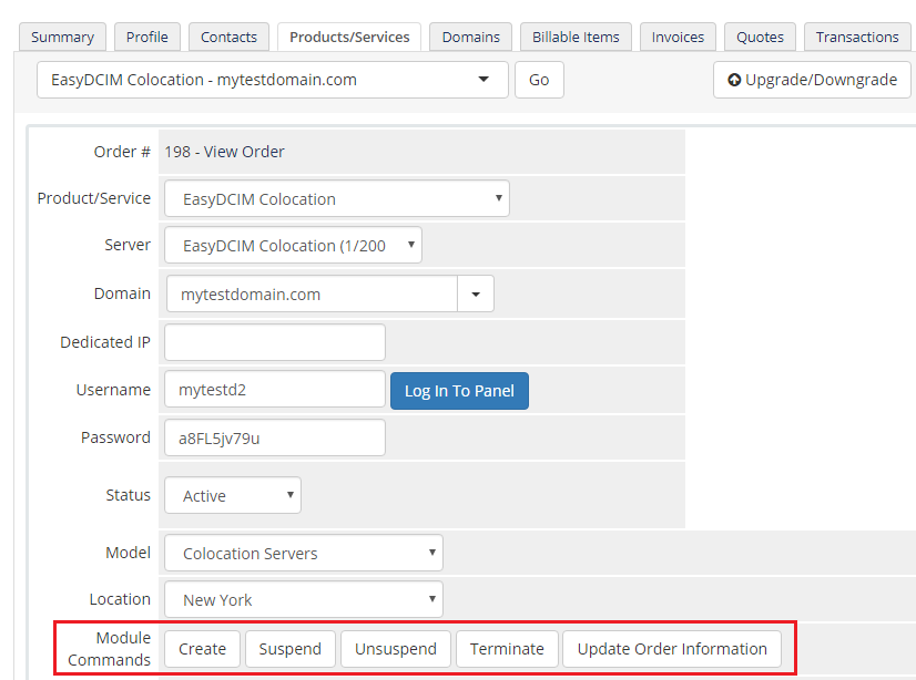 EasyDCIM Colocation V1.X For WHMCS: admin service page with the Update Order Information command