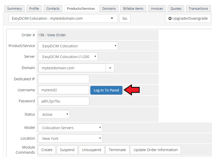 EasyDCIM Colocation V1.X For WHMCS: admin service page with the Log In To Panel button