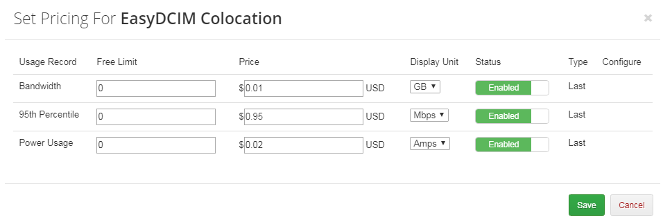 EasyDCIM Colocation V1.X For WHMCS: Set Pricing dialog for bandwidth, 95th percentile and power usage