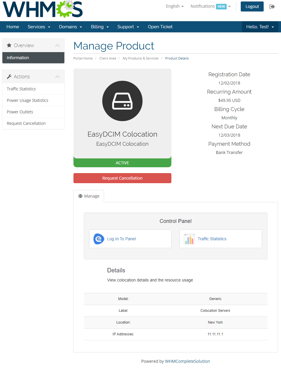 EasyDCIM Colocation V1.X For WHMCS: client area Manage Product page with colocation details