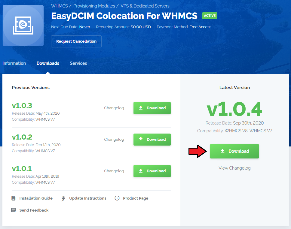 EasyDCIM Colocation V1.X For WHMCS: client area Downloads tab with the Download button for the latest version
