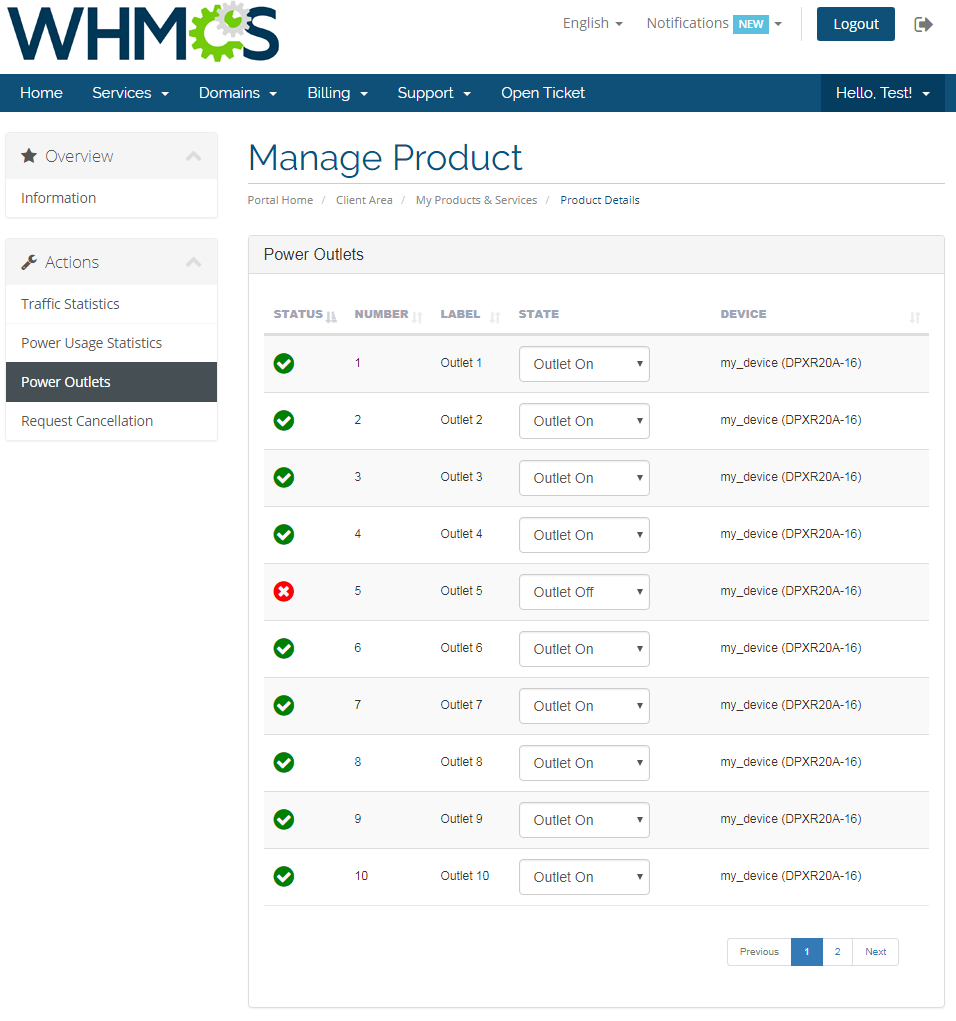 EasyDCIM Colocation V1.X For WHMCS: client area Power Outlets list with on and off state menus