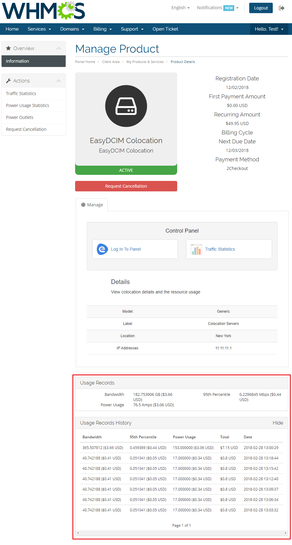 EasyDCIM Colocation V1.X For WHMCS: client area Usage Records and Usage Records History tables