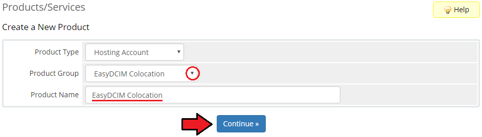 EasyDCIM Colocation V1.X For WHMCS: Create a New Product form with group, name and Continue button