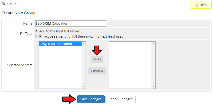 EasyDCIM Colocation V1.X For WHMCS: Create New Group form with the server and Save Changes button