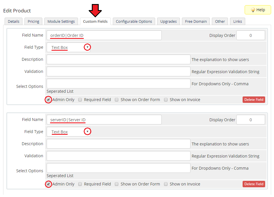 EasyDCIM Colocation V1.X For WHMCS: Custom Fields tab with orderID and serverID admin only fields