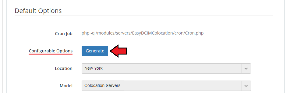 EasyDCIM Colocation V1.X For WHMCS: Module Settings with the Generate configurable options button