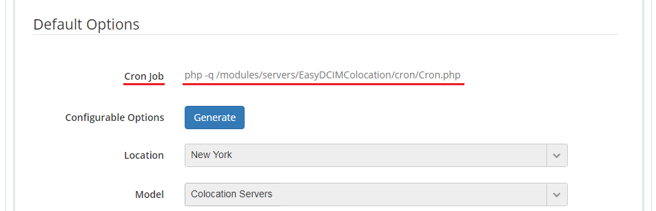 EasyDCIM Colocation V1.X For WHMCS: Default Options with the Cron Job command line in Module Settings