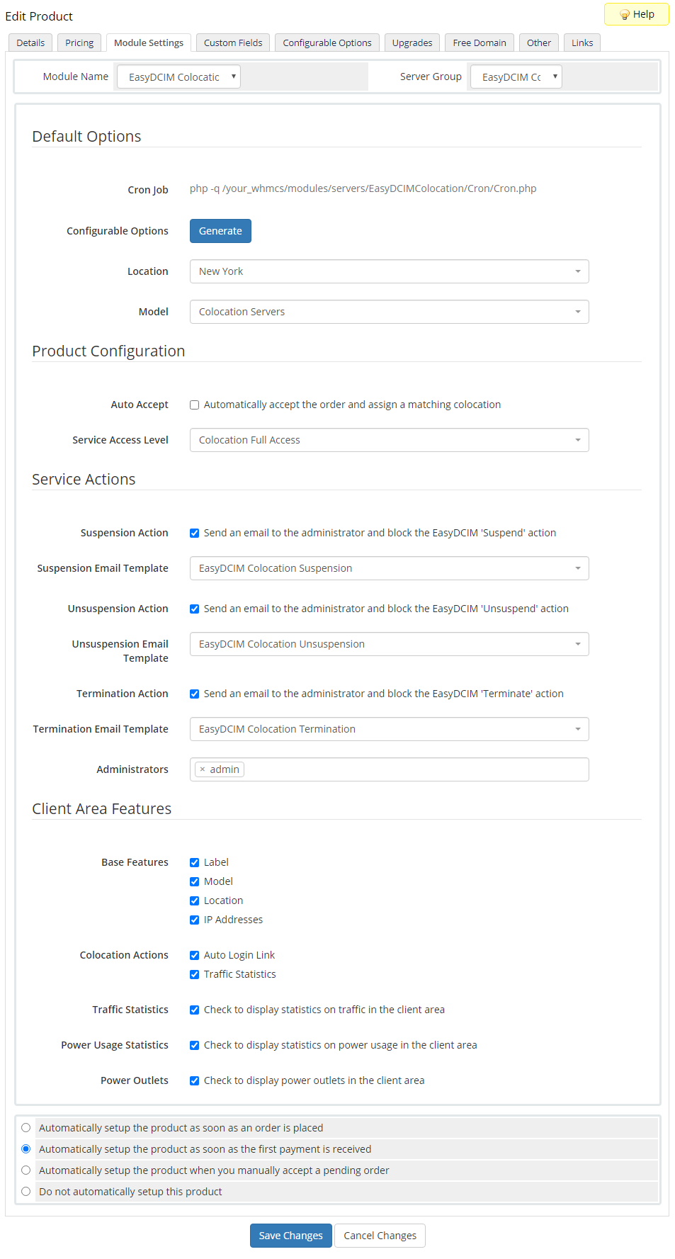 EasyDCIM Colocation V1.X For WHMCS: Module Settings with service actions and client area features