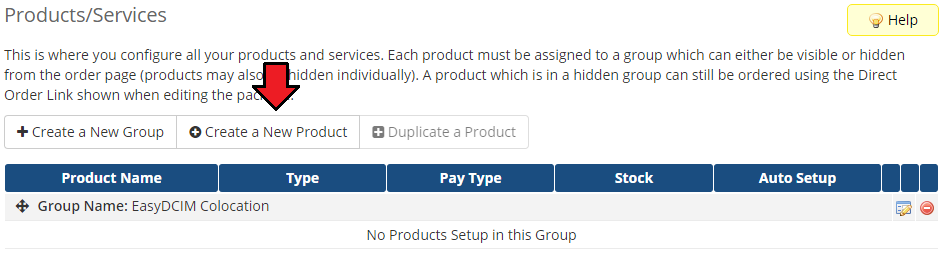 EasyDCIM Colocation V1.X For WHMCS: product group list with the Create a New Product button