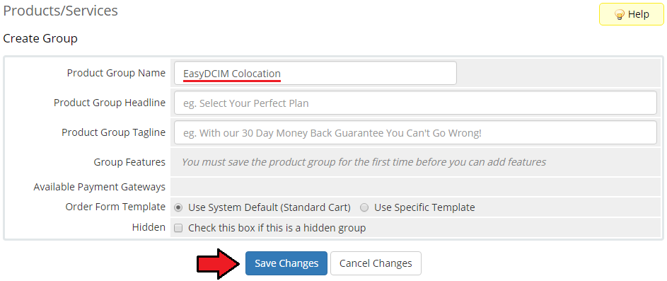 EasyDCIM Colocation V1.X For WHMCS: Create Group form with the product group name field