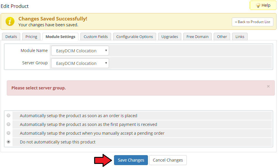 EasyDCIM Colocation V1.X For WHMCS: product Module Settings tab with module and server group chosen